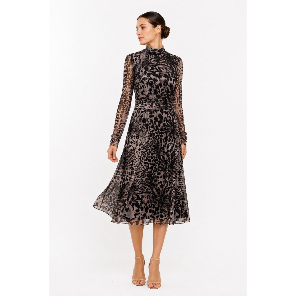 Eliza J Animal Print‎ Mesh Midi Dress Womens Size 8 Mock Neck Ruched Leopard